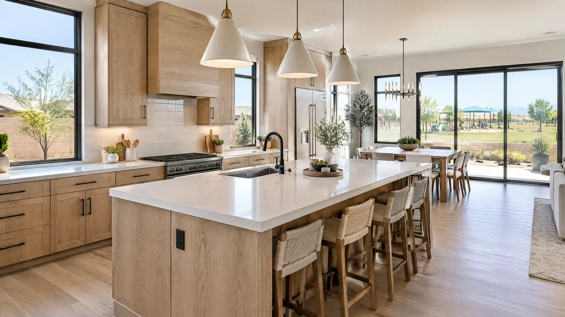 Bright modern kitchen in a newer Eastmark, Mesa home: white oak cabinets, black window frames, large island with pendant lights, view to a small backyard and a community park