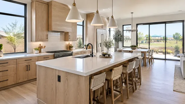 Bright modern kitchen in a newer Eastmark, Mesa home: white oak cabinets, black window frames, large island with pendant lights, view to a small backyard and a community park