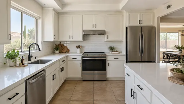 Kitchen in an older Mesa home with its original cabinet boxes painted a soft warm white with new black pulls, new quartz counters and a simple tile backsplash, crisp and clean