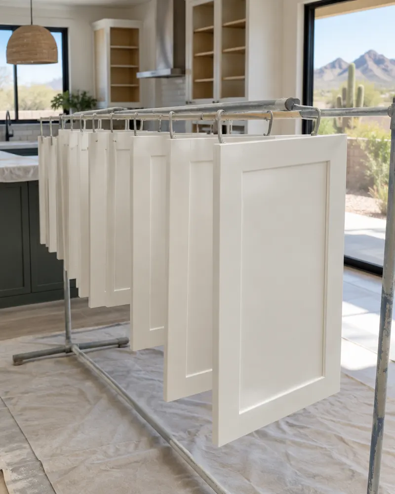 Kitchen cabinet doors hanging on a drying rack after being sprayed with a smooth warm white finish
