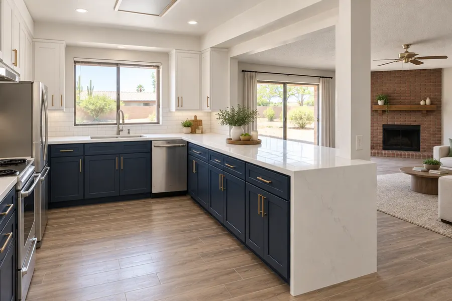 The same Mesa kitchen after a remodel with the same window and room shape: the pass-through wall opened up, navy lower cabinets and white uppers, a quartz island, stainless appliances, wood-look tile floor