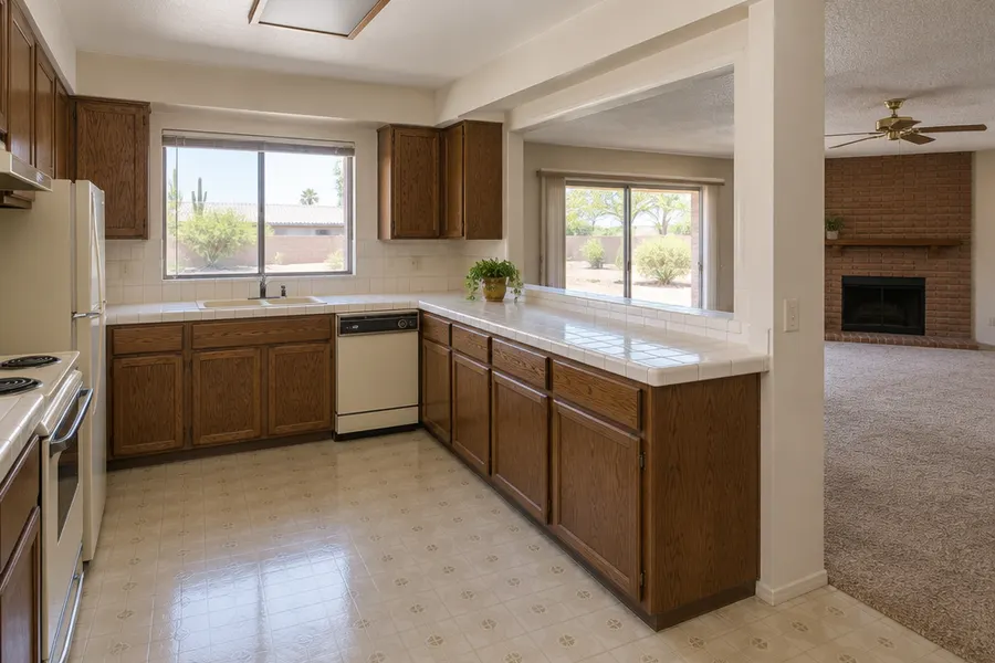 Dated 1985 Mesa, Arizona ranch-house kitchen before remodeling: dark oak cabinets, white tile counters, a wall separating it from the family room with a pass-through window, vinyl floor, almond appliances