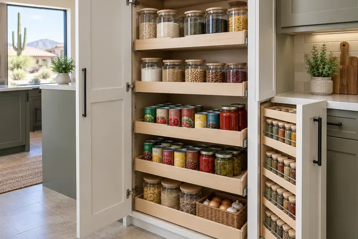 Inside a remodeled kitchen pantry cabinet with roll-out shelves holding labeled-free jars and canned goods, a pull-out spice drawer beside it