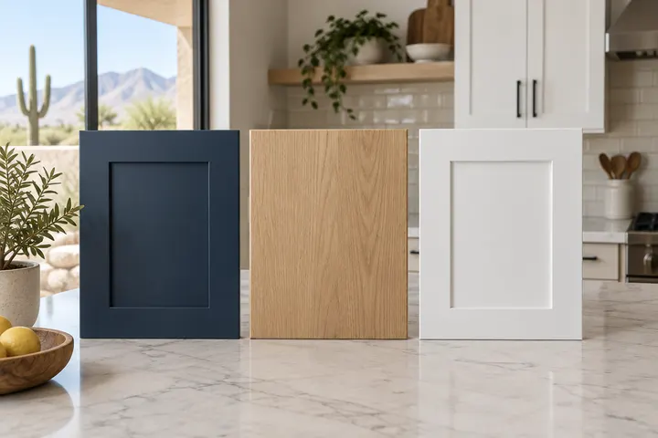 Three kitchen cabinet door samples side by side: painted navy shaker, white oak slab, and white painted shaker