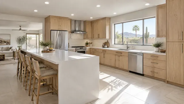 Complete kitchen remodel in a 1980s Mesa ranch house: low popcorn ceiling smoothed, new recessed lights, light rift oak cabinets, a long quartz peninsula, matte nickel fixtures, sunlight across porcelain tile floor