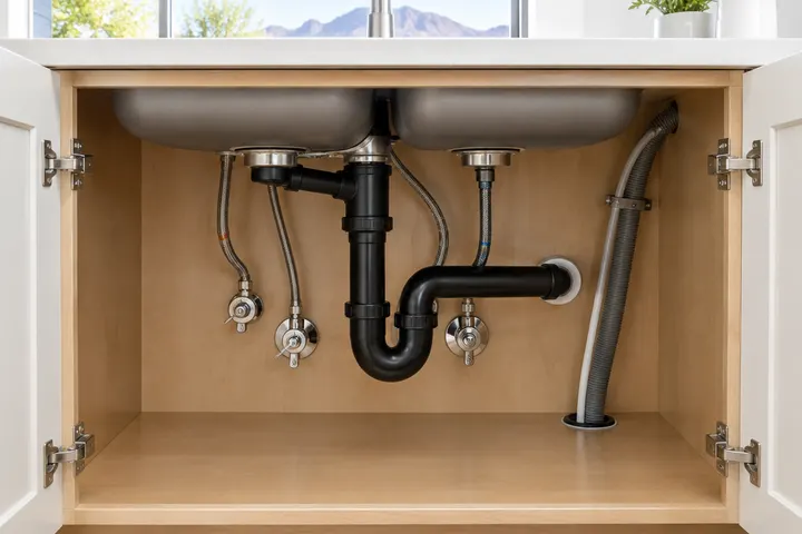 New sink plumbing and dishwasher connections under a kitchen sink base cabinet, clean and organized, shutoff valves visible