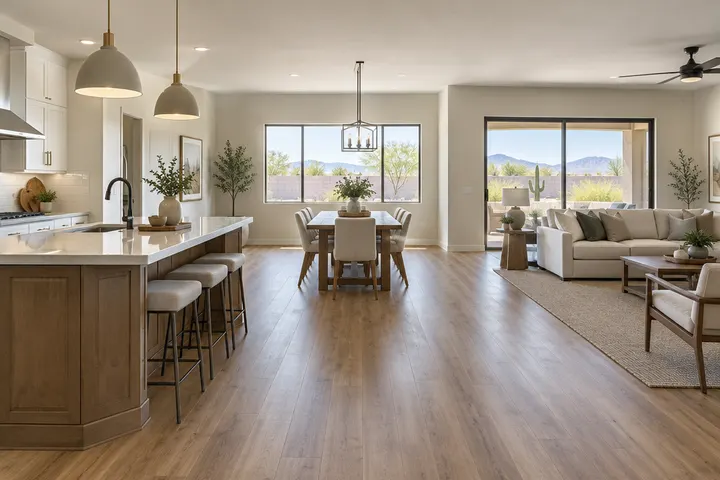 One continuous wood-look floor running from a kitchen into the dining and living area, no thresholds