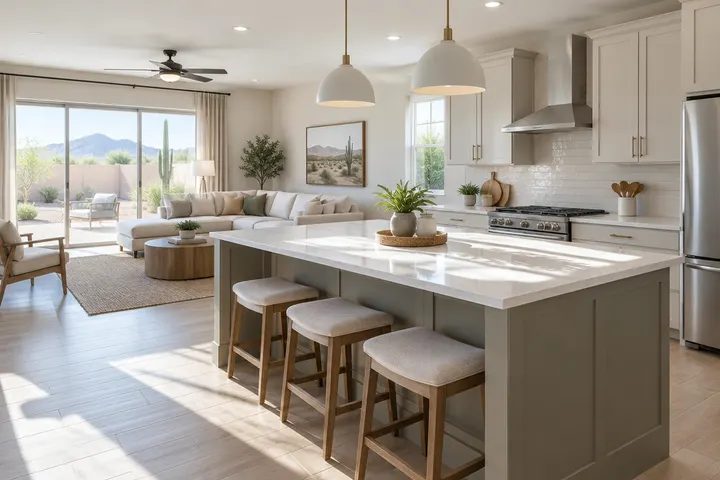 Open kitchen and living room with daylight from a sliding glass door reaching the kitchen island