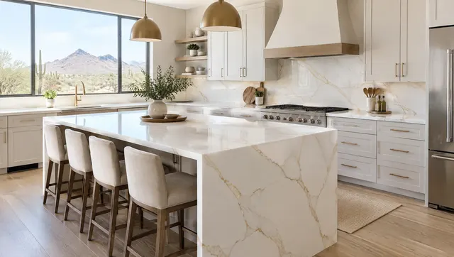 Freshly installed calacatta-look quartz countertops with soft gold veining on a kitchen perimeter and island, waterfall edge on the island end, large window light