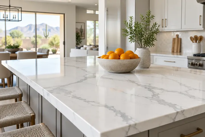 White quartz countertop with gray veining on a kitchen island with a bowl of oranges