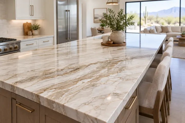 Natural quartzite countertop slab with flowing tan and white veins on a kitchen island, soft light