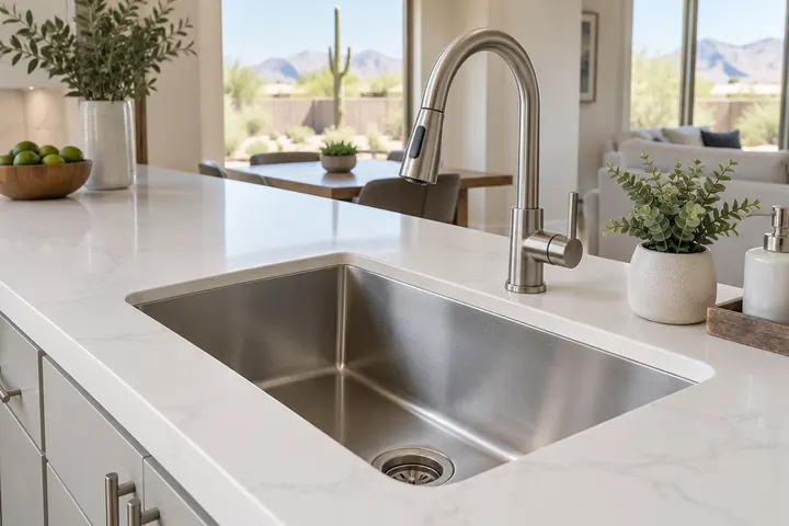 Undermount stainless steel single-bowl sink set into a white quartz countertop with a pull-down faucet