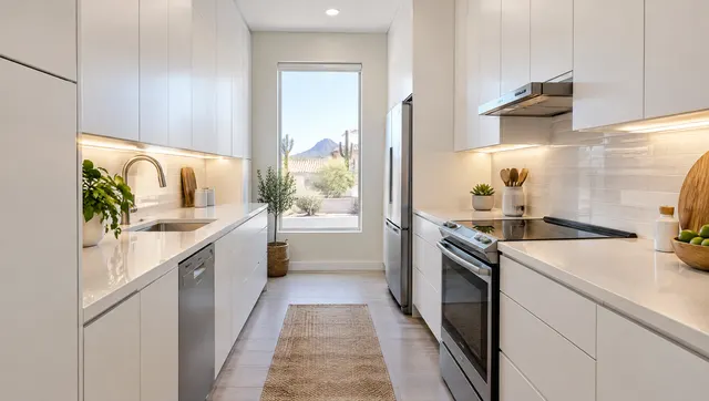 Small galley kitchen in a Mesa condo after a remodel: slim white flat-panel cabinets to the ceiling, a light quartz counter, a slide-in range, under-cabinet lighting, compact and bright