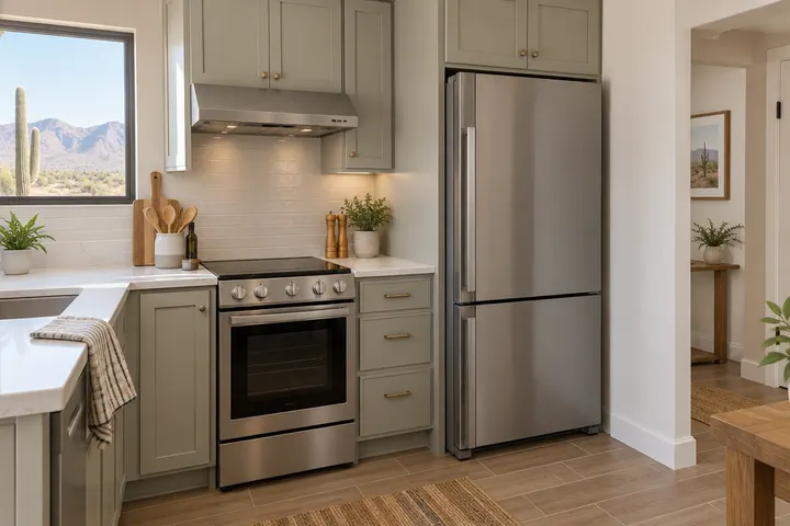 24-inch slide-in range and a counter-depth refrigerator fitted neatly in a small kitchen