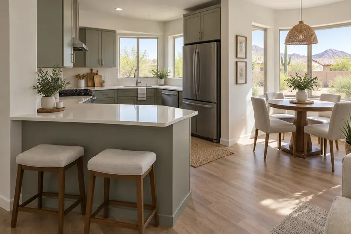 Small kitchen with a short quartz peninsula and two stools, open to a dining nook