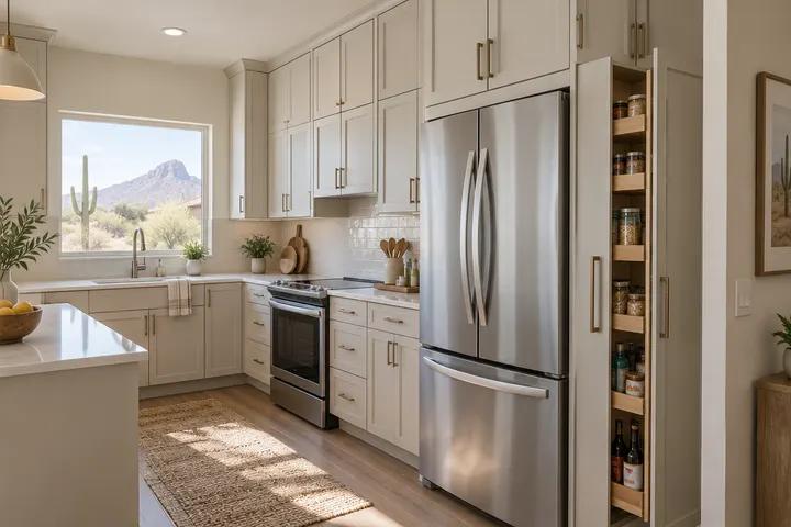 Small kitchen with upper cabinets to the ceiling and a slim pull-out pantry beside the fridge